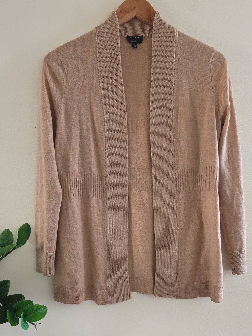 TALBOTS Petites - Pure Merino Wool Open Front Light Knit Cardigan - Beige - S